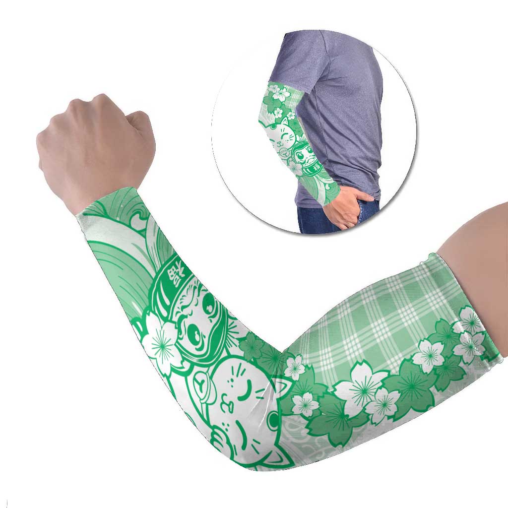 Green Palaka Hawaiian And Japanese Arm Sleeves Maneki Neko And Sakura Bloom