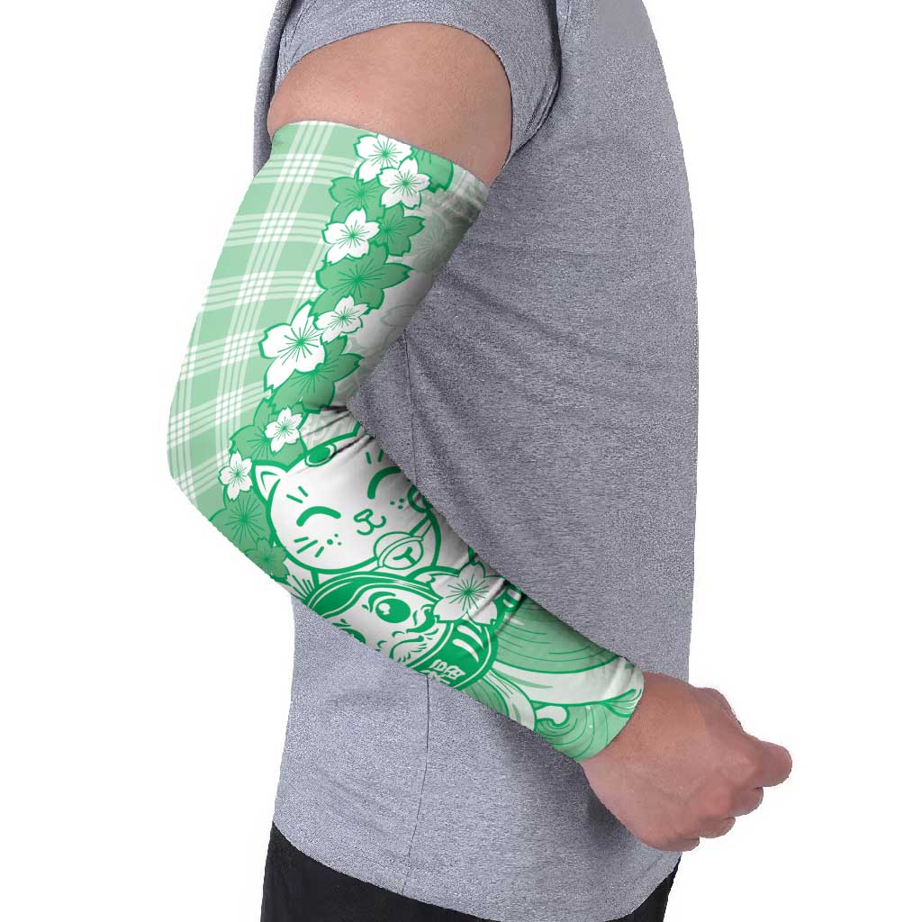 Green Palaka Hawaiian And Japanese Arm Sleeves Maneki Neko And Sakura Bloom