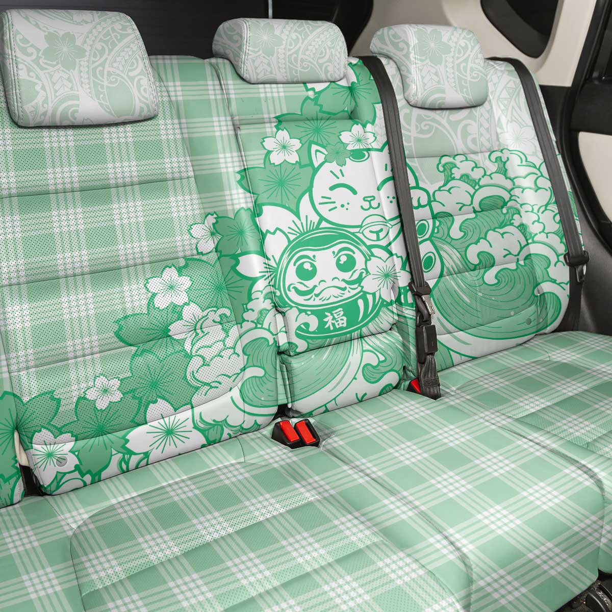 Green Palaka Hawaiian And Japanese Back Car Seat Cover Maneki Neko And Sakura Bloom