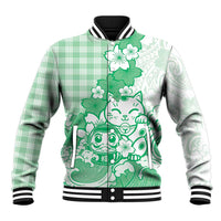 Green Palaka Hawaiian And Japanese Baseball Jacket Maneki Neko And Sakura Bloom