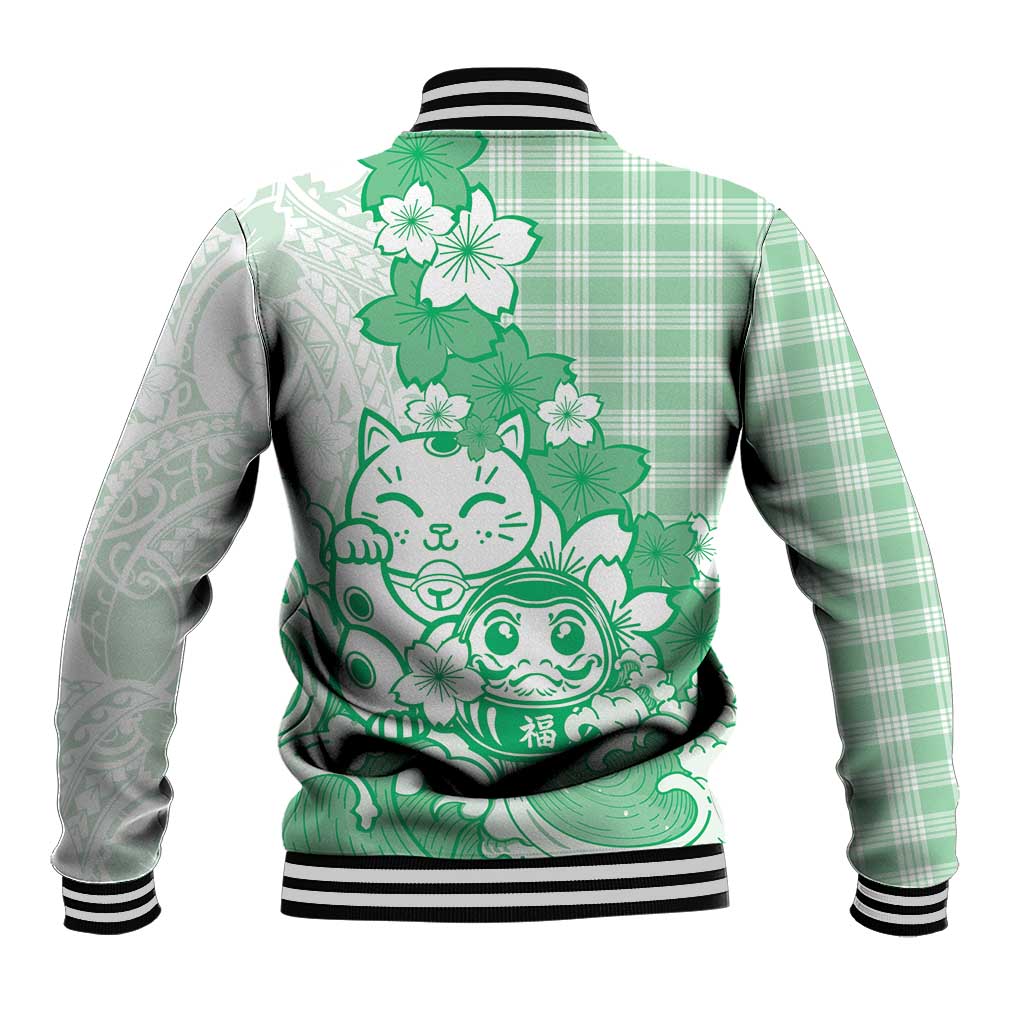 Green Palaka Hawaiian And Japanese Baseball Jacket Maneki Neko And Sakura Bloom