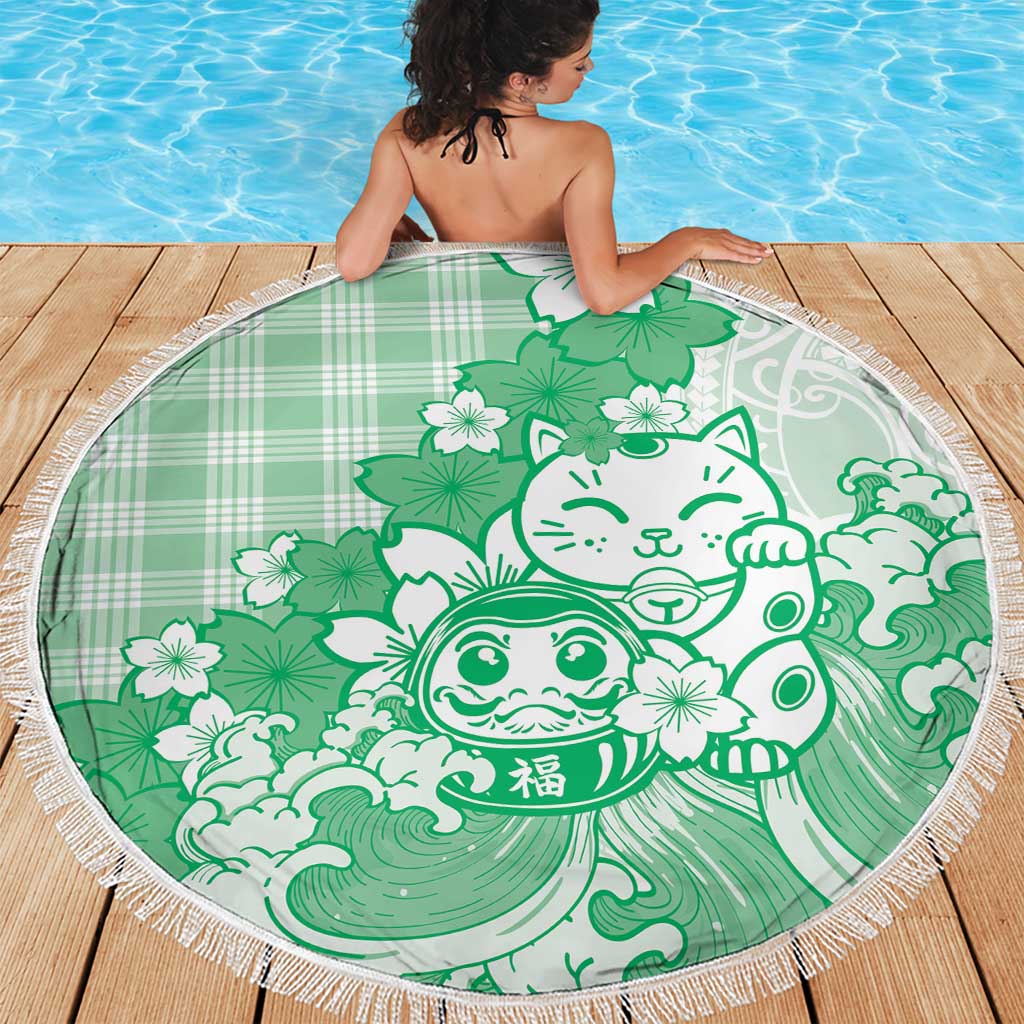 Green Palaka Hawaiian And Japanese Beach Blanket Maneki Neko And Sakura Bloom