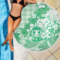 Green Palaka Hawaiian And Japanese Beach Blanket Maneki Neko And Sakura Bloom