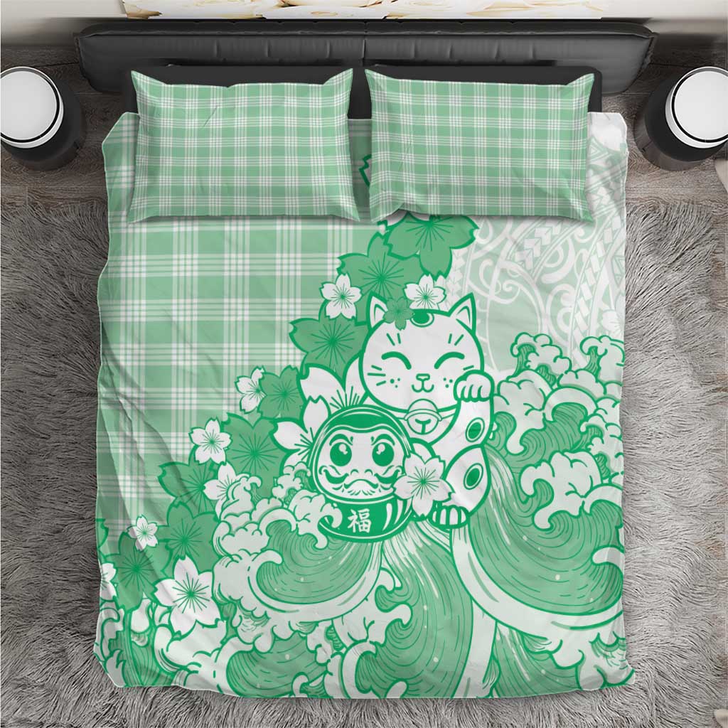 Green Palaka Hawaiian And Japanese Bedding Set Maneki Neko And Sakura Bloom