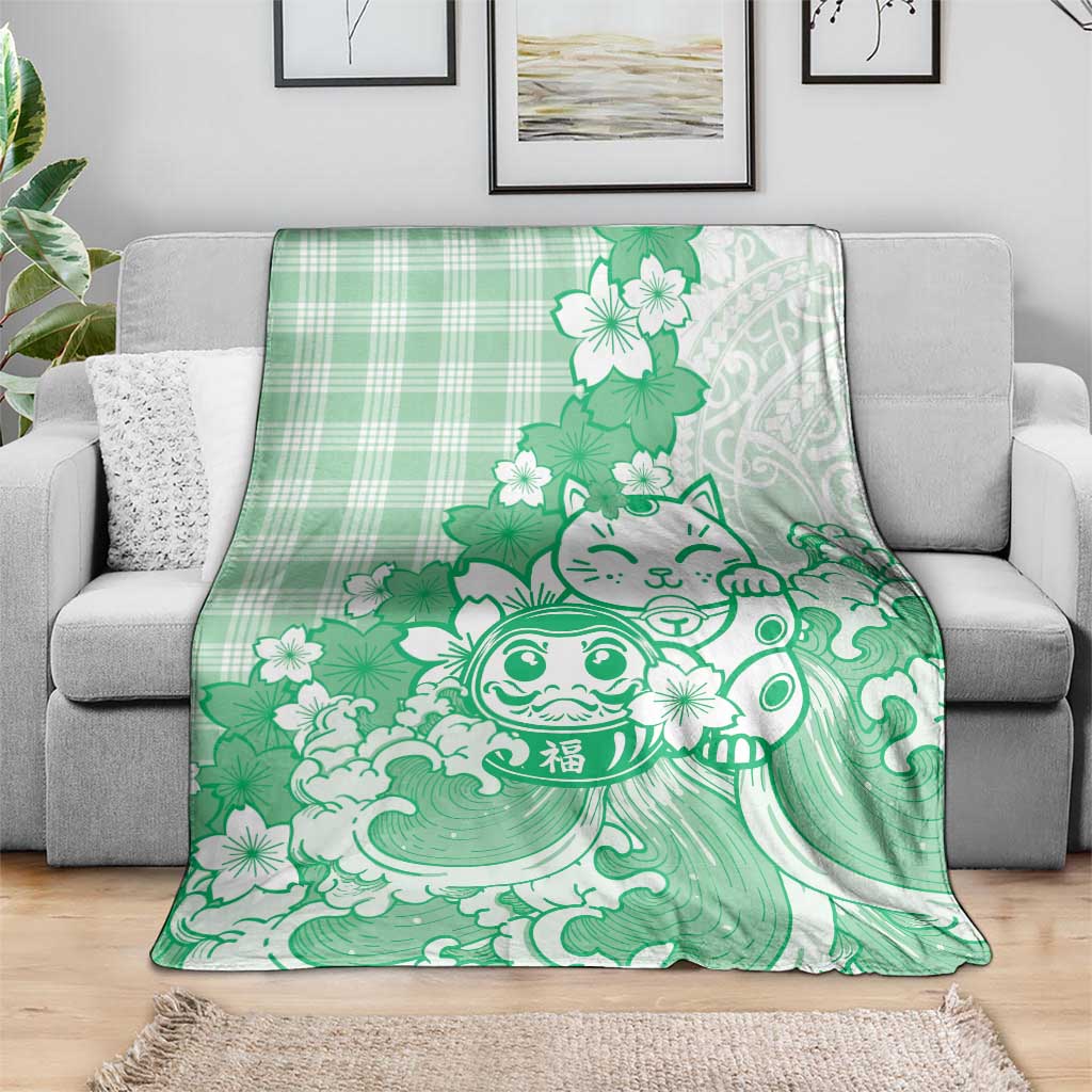 Green Palaka Hawaiian And Japanese Blanket Maneki Neko And Sakura Bloom