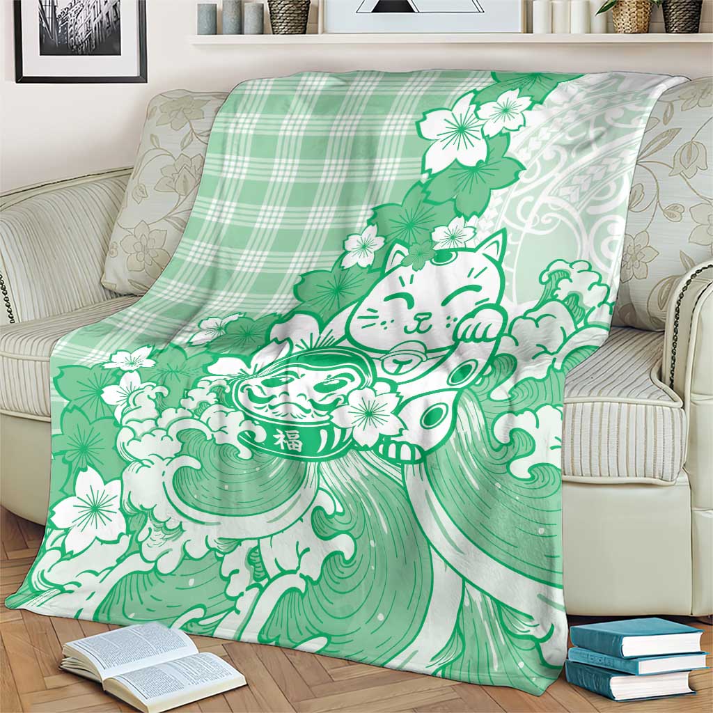 Green Palaka Hawaiian And Japanese Blanket Maneki Neko And Sakura Bloom