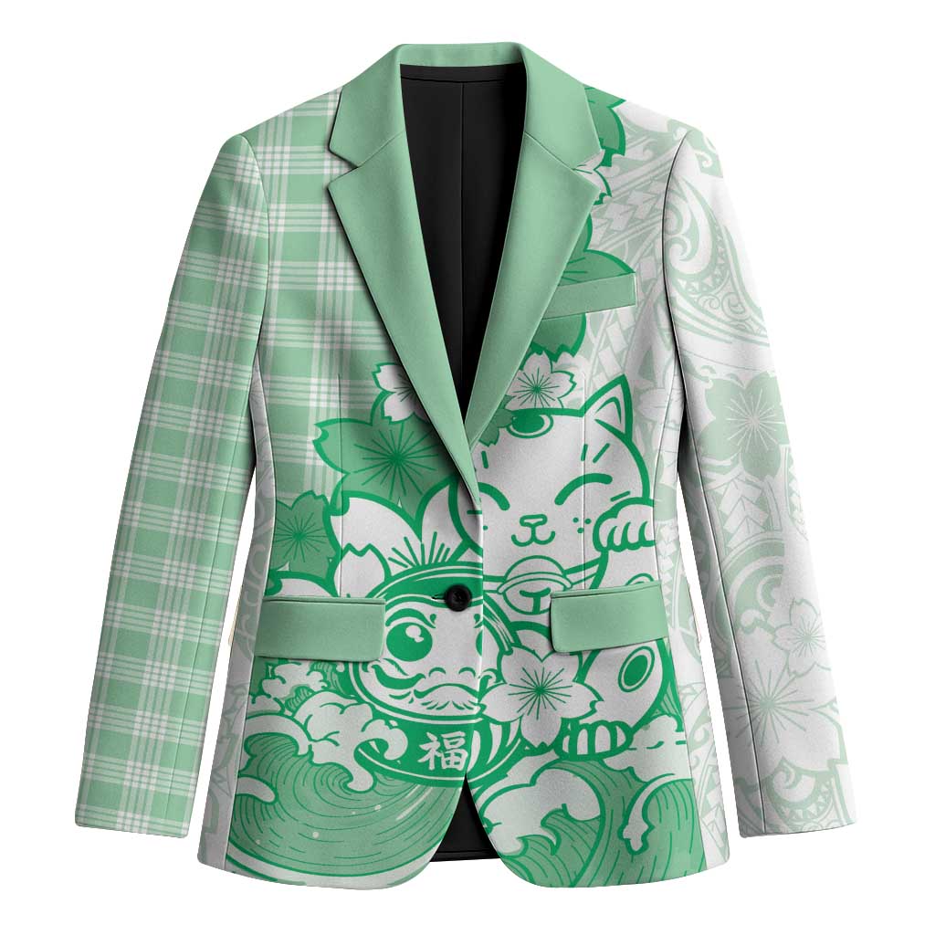 Green Palaka Hawaiian And Japanese Blazer Maneki Neko And Sakura Bloom