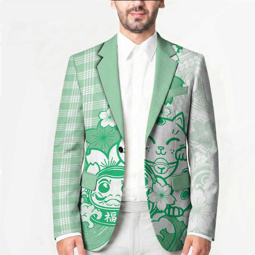 Green Palaka Hawaiian And Japanese Blazer Maneki Neko And Sakura Bloom