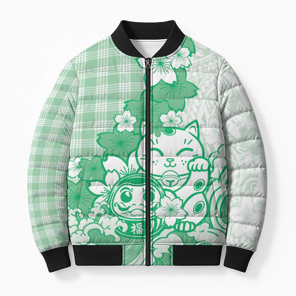 Green Palaka Hawaiian And Japanese Bomber Puffer Jacket Maneki Neko And Sakura Bloom