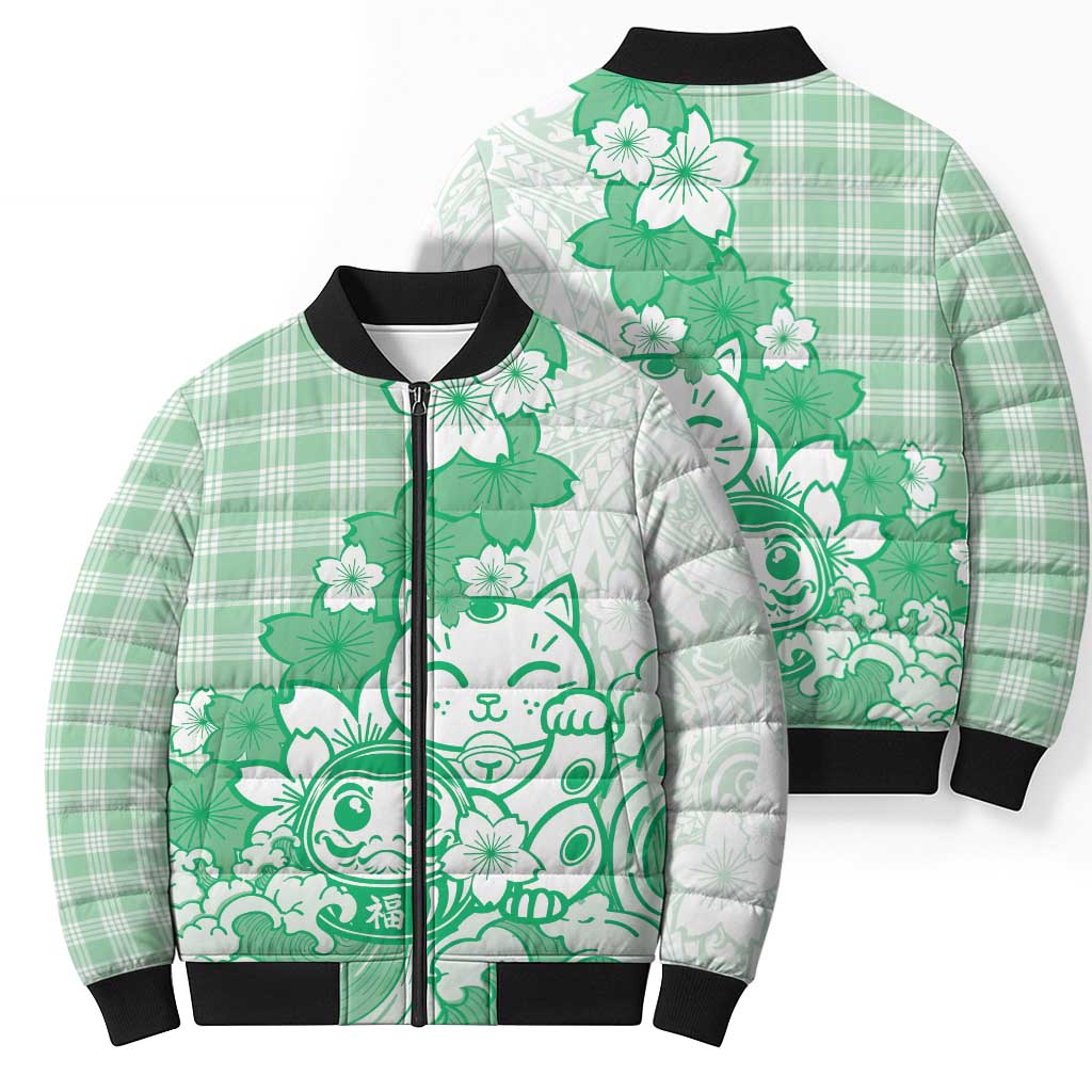 Green Palaka Hawaiian And Japanese Bomber Puffer Jacket Maneki Neko And Sakura Bloom