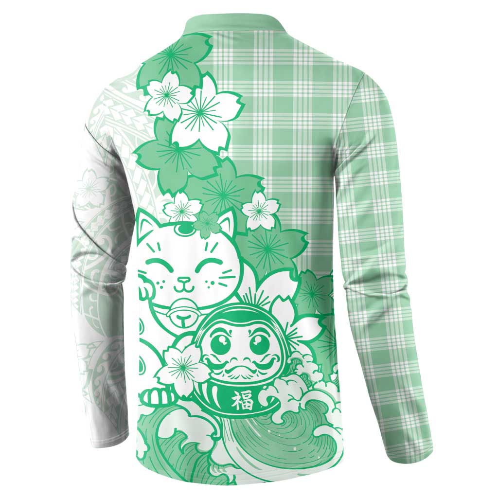 Green Palaka Hawaiian And Japanese Button Sweatshirt Maneki Neko And Sakura Bloom