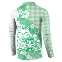 Green Palaka Hawaiian And Japanese Button Sweatshirt Maneki Neko And Sakura Bloom