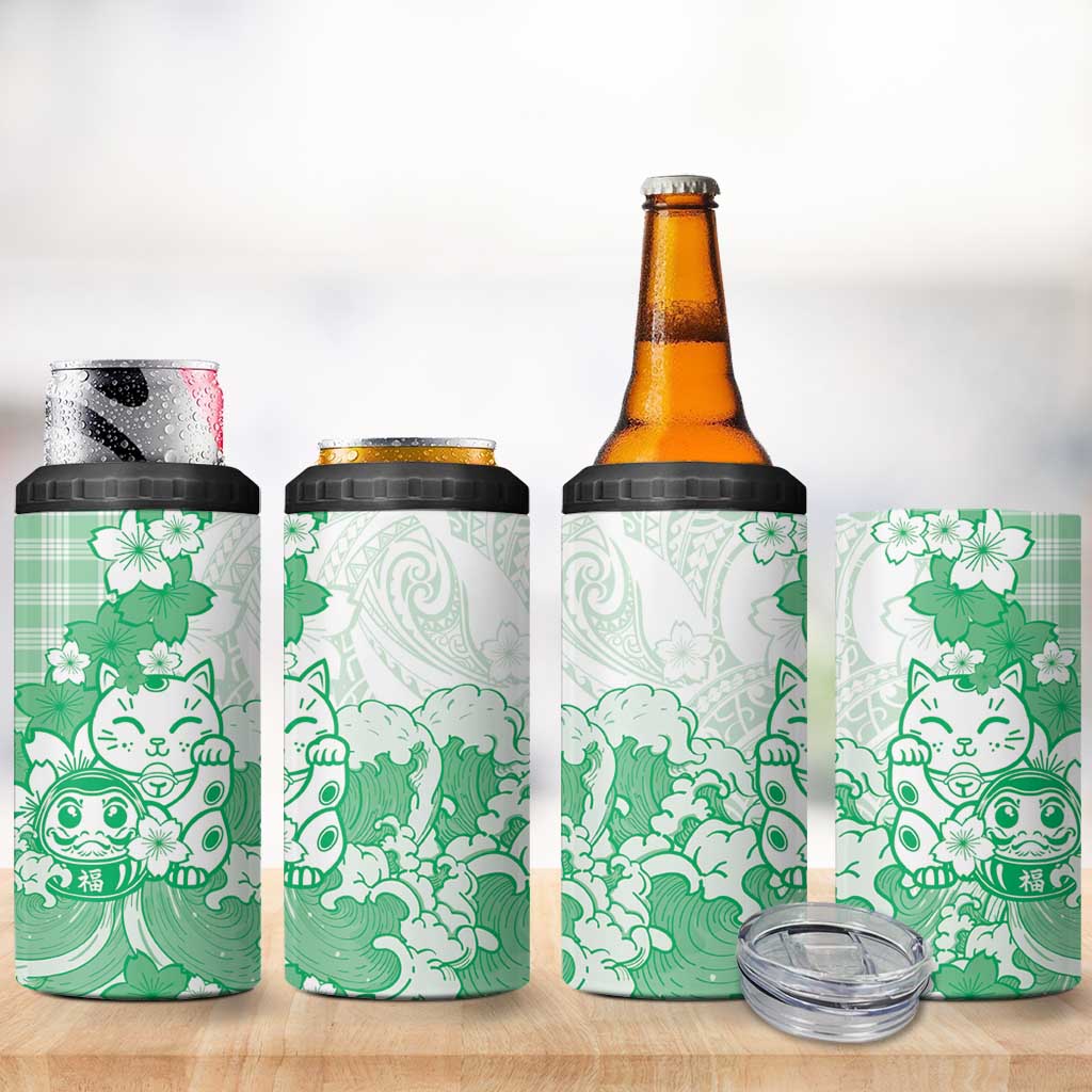 Green Palaka Hawaiian And Japanese 4 in 1 Can Cooler Tumbler Maneki Neko And Sakura Bloom