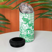 Green Palaka Hawaiian And Japanese 4 in 1 Can Cooler Tumbler Maneki Neko And Sakura Bloom