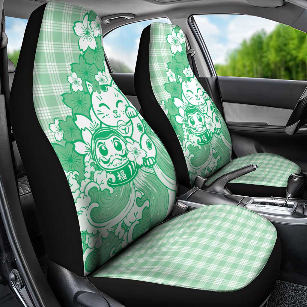 Green Palaka Hawaiian And Japanese Car Seat Cover Maneki Neko And Sakura Bloom