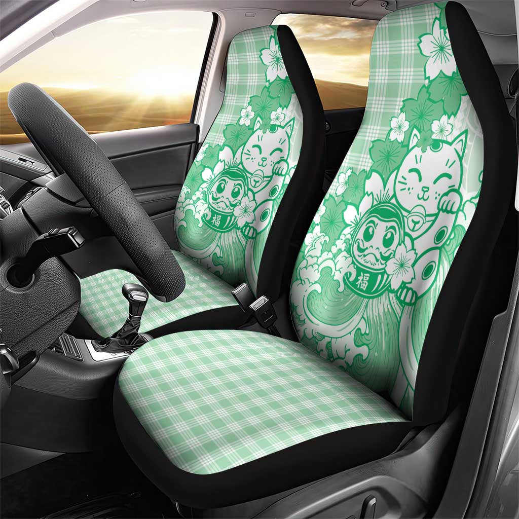 Green Palaka Hawaiian And Japanese Car Seat Cover Maneki Neko And Sakura Bloom