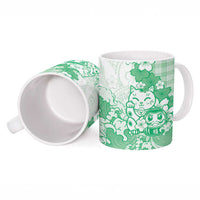 Green Palaka Hawaiian And Japanese Ceramic Mug Maneki Neko And Sakura Bloom