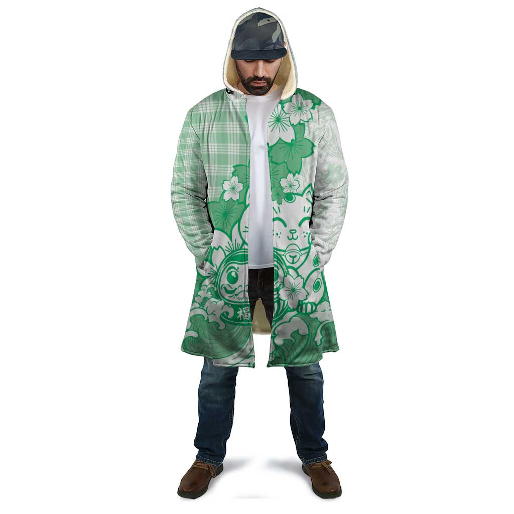 Green Palaka Hawaiian And Japanese Cloak Maneki Neko And Sakura Bloom