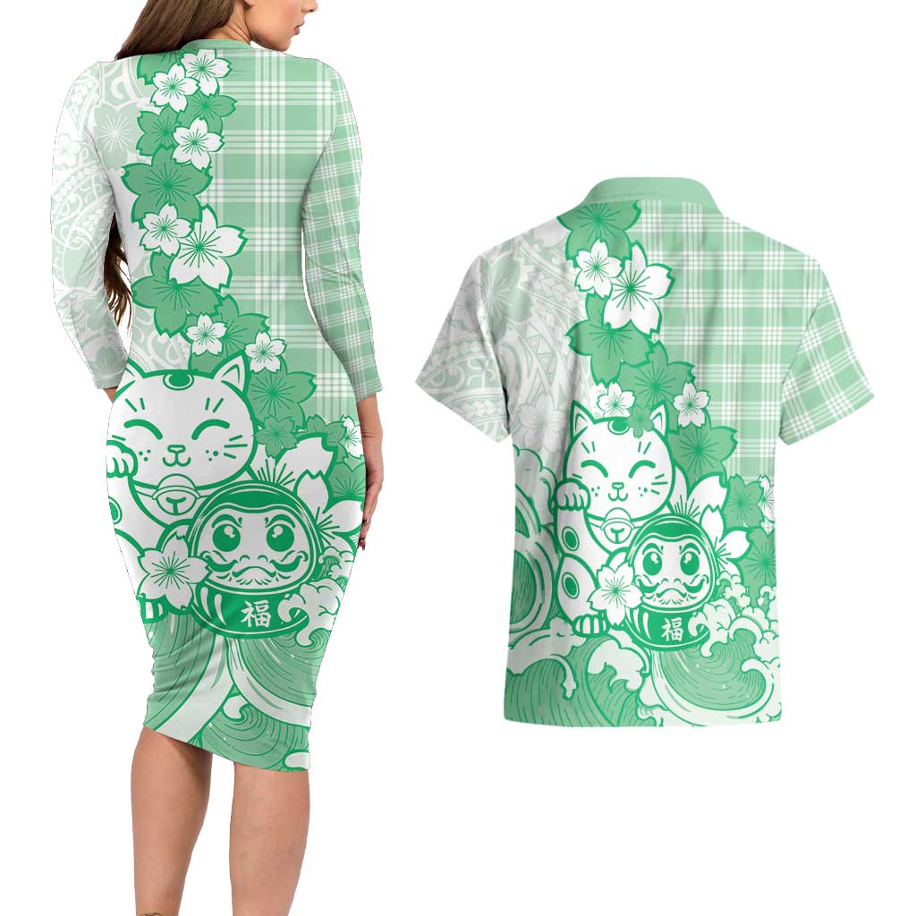 Green Palaka Hawaiian And Japanese Couples Matching Long Sleeve Bodycon Dress and Hawaiian Shirt Maneki Neko And Sakura Bloom DT05 - Polynesian Pride