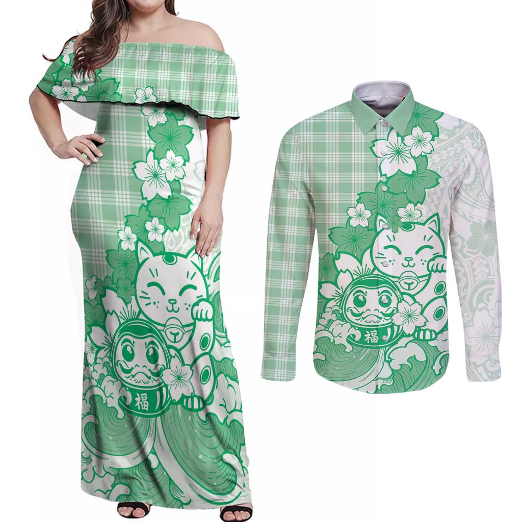 Green Palaka Hawaiian And Japanese Couples Matching Off Shoulder Maxi Dress and Long Sleeve Button Shirt Maneki Neko And Sakura Bloom