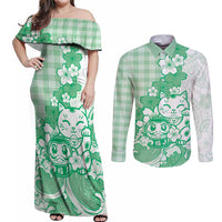 Green Palaka Hawaiian And Japanese Couples Matching Off Shoulder Maxi Dress and Long Sleeve Button Shirt Maneki Neko And Sakura Bloom