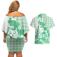 Green Palaka Hawaiian And Japanese Couples Matching Off Shoulder Short Dress and Hawaiian Shirt Maneki Neko And Sakura Bloom DT05 - Polynesian Pride