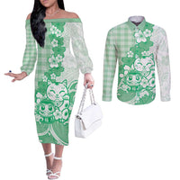 Green Palaka Hawaiian And Japanese Couples Matching Off The Shoulder Long Sleeve Dress and Long Sleeve Button Shirt Maneki Neko And Sakura Bloom DT05 Green - Polynesian Pride