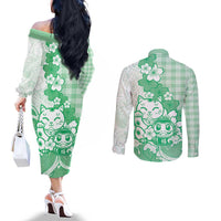Green Palaka Hawaiian And Japanese Couples Matching Off The Shoulder Long Sleeve Dress and Long Sleeve Button Shirt Maneki Neko And Sakura Bloom DT05 - Polynesian Pride