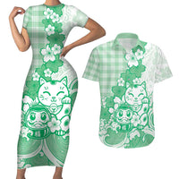 Green Palaka Hawaiian And Japanese Couples Matching Short Sleeve Bodycon Dress and Hawaiian Shirt Maneki Neko And Sakura Bloom DT05 Green - Polynesian Pride