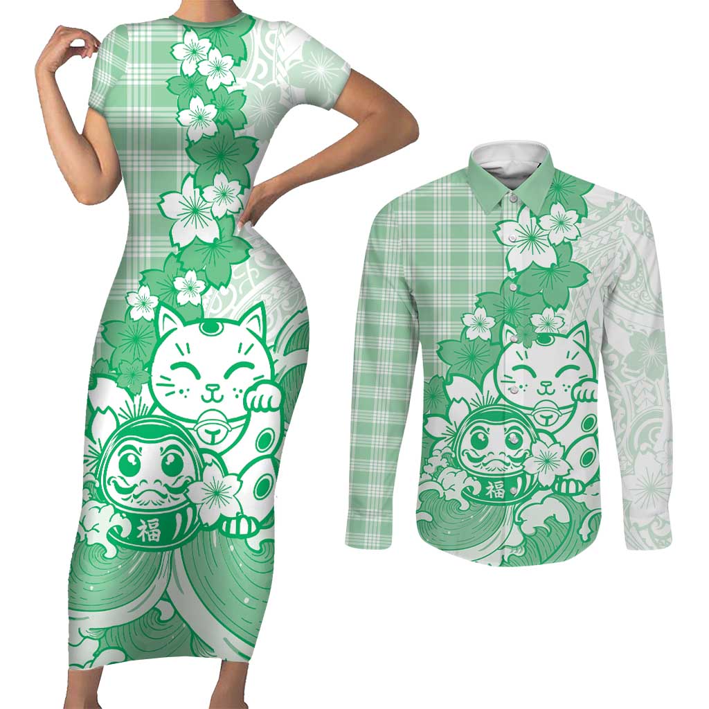 Green Palaka Hawaiian And Japanese Couples Matching Short Sleeve Bodycon Dress and Long Sleeve Button Shirt Maneki Neko And Sakura Bloom