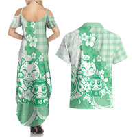 Green Palaka Hawaiian And Japanese Couples Matching Summer Maxi Dress and Hawaiian Shirt Maneki Neko And Sakura Bloom