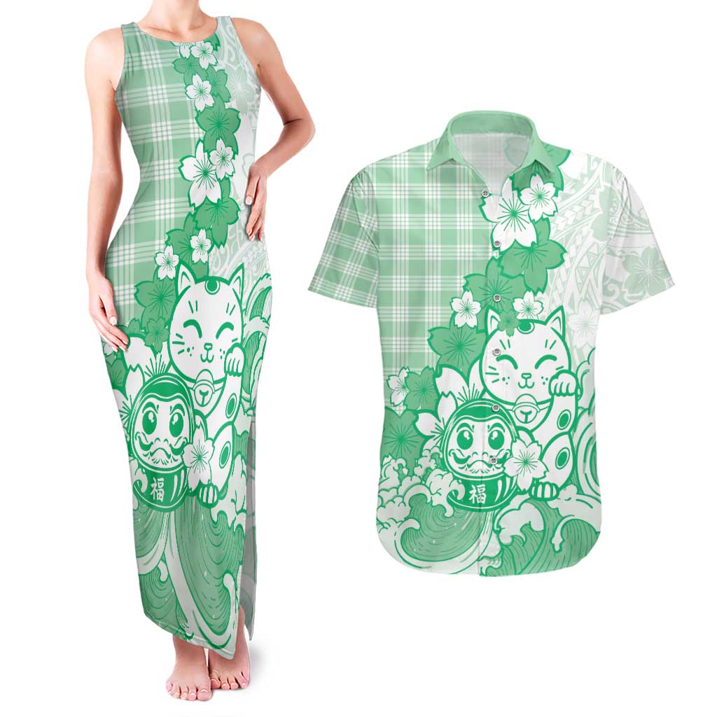 Green Palaka Hawaiian And Japanese Couples Matching Tank Maxi Dress and Hawaiian Shirt Maneki Neko And Sakura Bloom