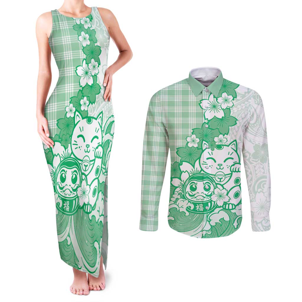 Green Palaka Hawaiian And Japanese Couples Matching Tank Maxi Dress and Long Sleeve Button Shirt Maneki Neko And Sakura Bloom