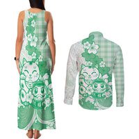 Green Palaka Hawaiian And Japanese Couples Matching Tank Maxi Dress and Long Sleeve Button Shirt Maneki Neko And Sakura Bloom