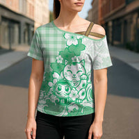 Green Palaka Hawaiian And Japanese Cross Shoulder Shirt Maneki Neko And Sakura Bloom