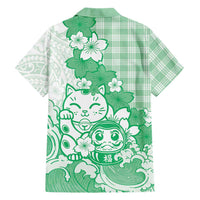 Green Palaka Hawaiian And Japanese Family Matching Long Sleeve Bodycon Dress and Hawaiian Shirt Maneki Neko And Sakura Bloom DT05 - Polynesian Pride