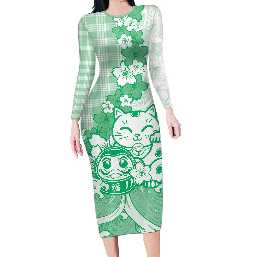 Green Palaka Hawaiian And Japanese Family Matching Long Sleeve Bodycon Dress and Hawaiian Shirt Maneki Neko And Sakura Bloom DT05 Mom's Dress Green - Polynesian Pride