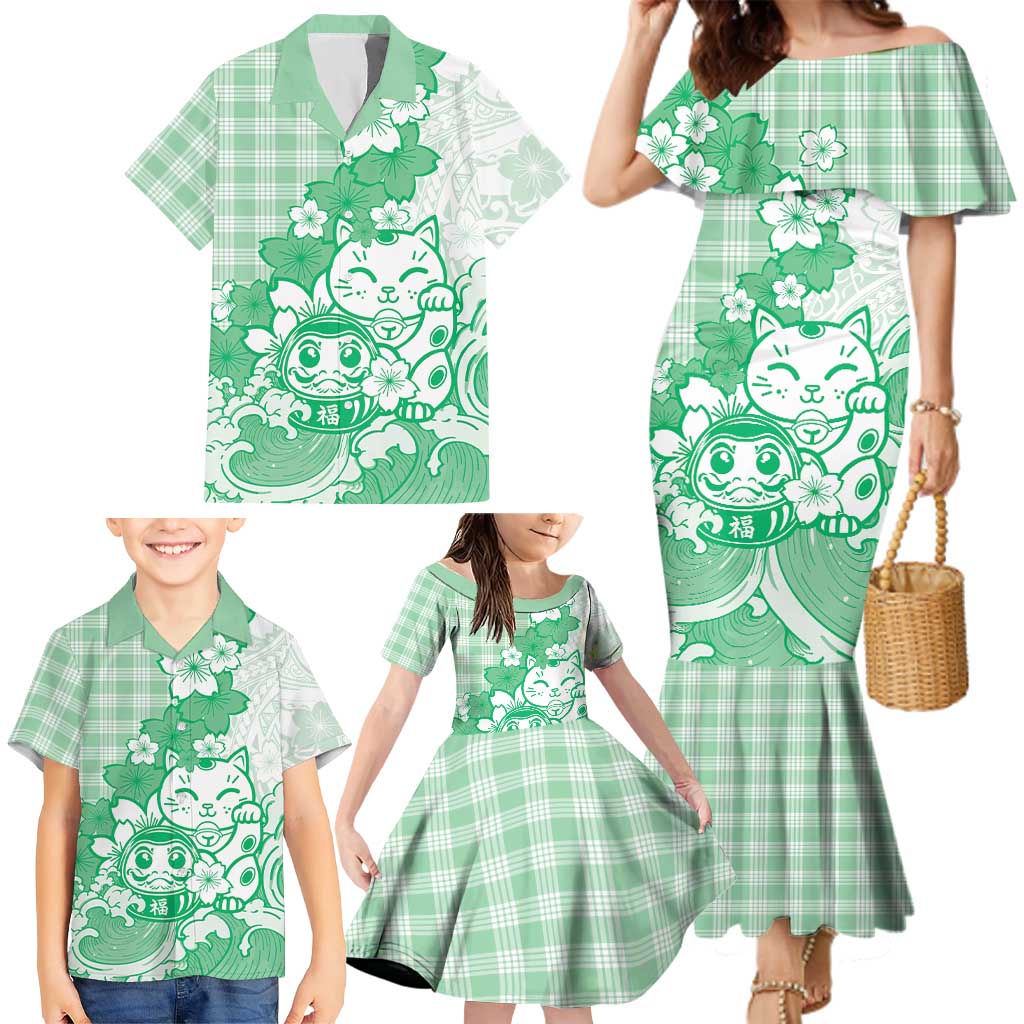 Green Palaka Hawaiian And Japanese Family Matching Mermaid Dress and Hawaiian Shirt Maneki Neko And Sakura Bloom