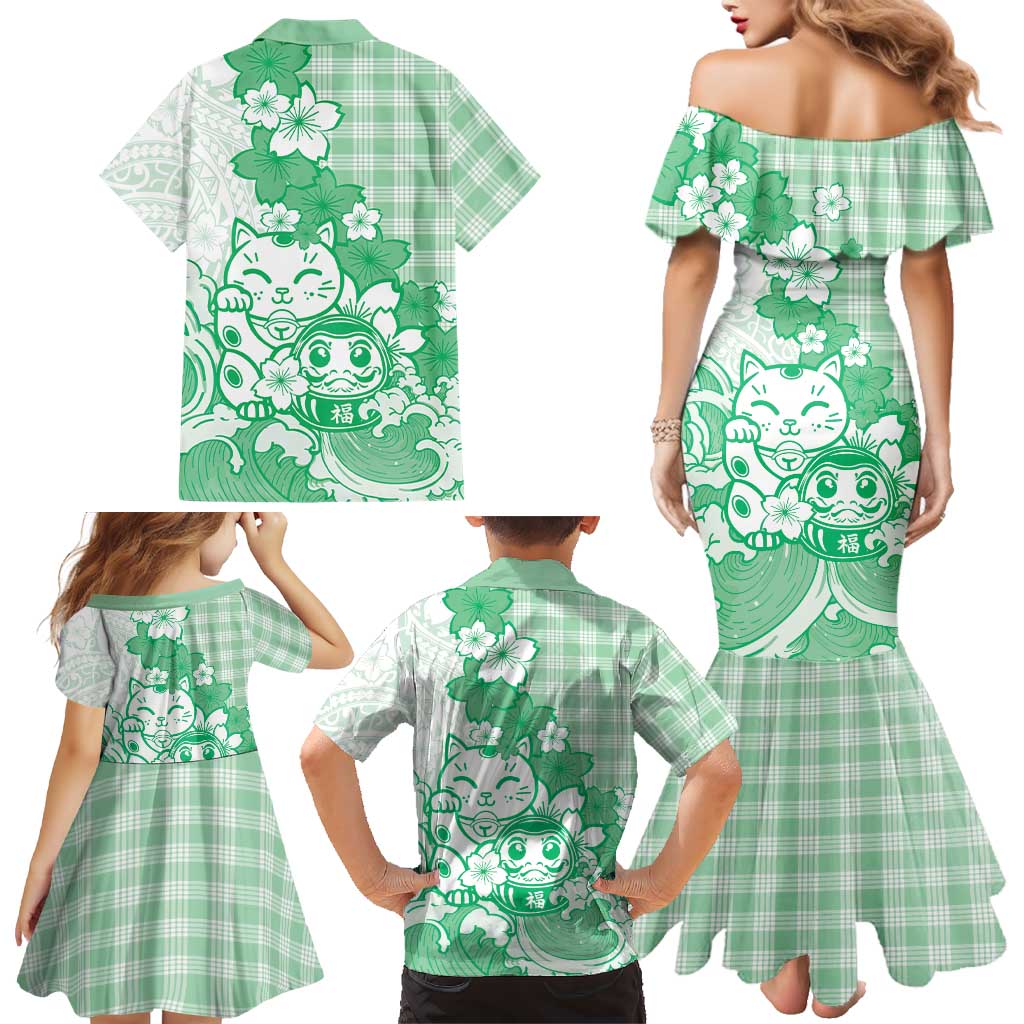 Green Palaka Hawaiian And Japanese Family Matching Mermaid Dress and Hawaiian Shirt Maneki Neko And Sakura Bloom DT05 - Polynesian Pride