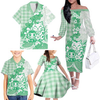 Green Palaka Hawaiian And Japanese Family Matching Off The Shoulder Long Sleeve Dress and Hawaiian Shirt Maneki Neko And Sakura Bloom DT05 - Polynesian Pride