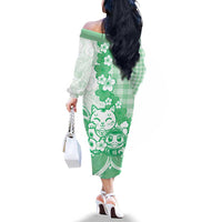 Green Palaka Hawaiian And Japanese Family Matching Off The Shoulder Long Sleeve Dress and Hawaiian Shirt Maneki Neko And Sakura Bloom DT05 - Polynesian Pride