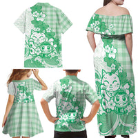 Green Palaka Hawaiian And Japanese Family Matching Off Shoulder Maxi Dress and Hawaiian Shirt Maneki Neko And Sakura Bloom DT05 - Polynesian Pride