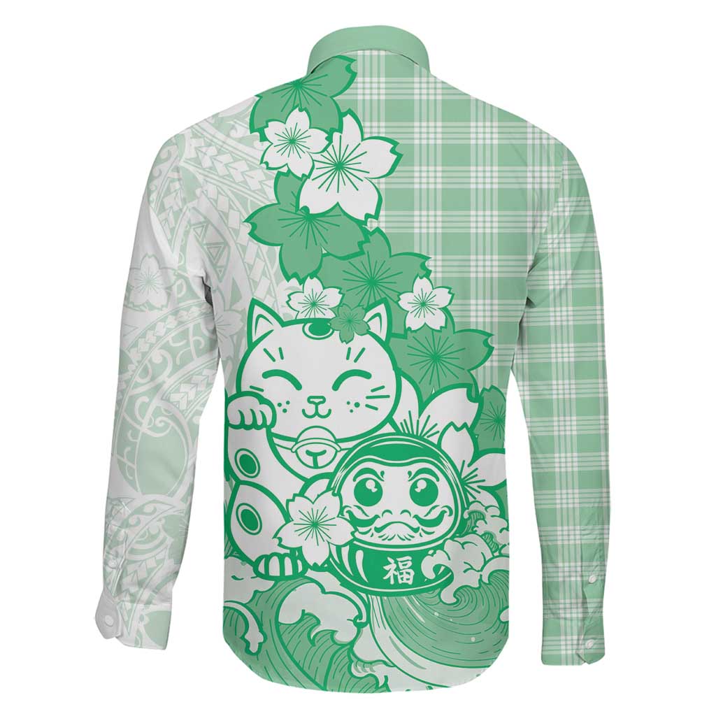 Green Palaka Hawaiian And Japanese Family Matching Off Shoulder Maxi Dress and Hawaiian Shirt Maneki Neko And Sakura Bloom DT05 - Polynesian Pride