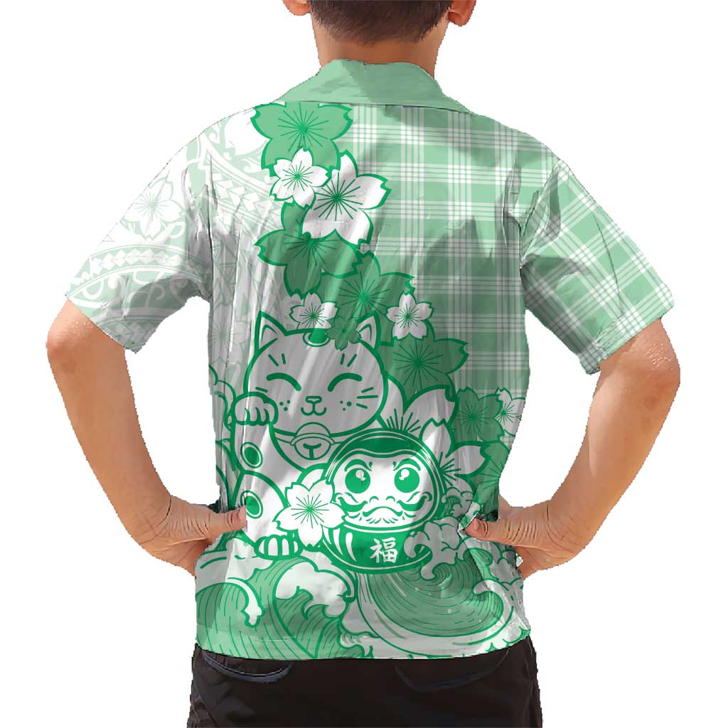 Green Palaka Hawaiian And Japanese Family Matching Off Shoulder Short Dress and Hawaiian Shirt Maneki Neko And Sakura Bloom DT05 - Polynesian Pride