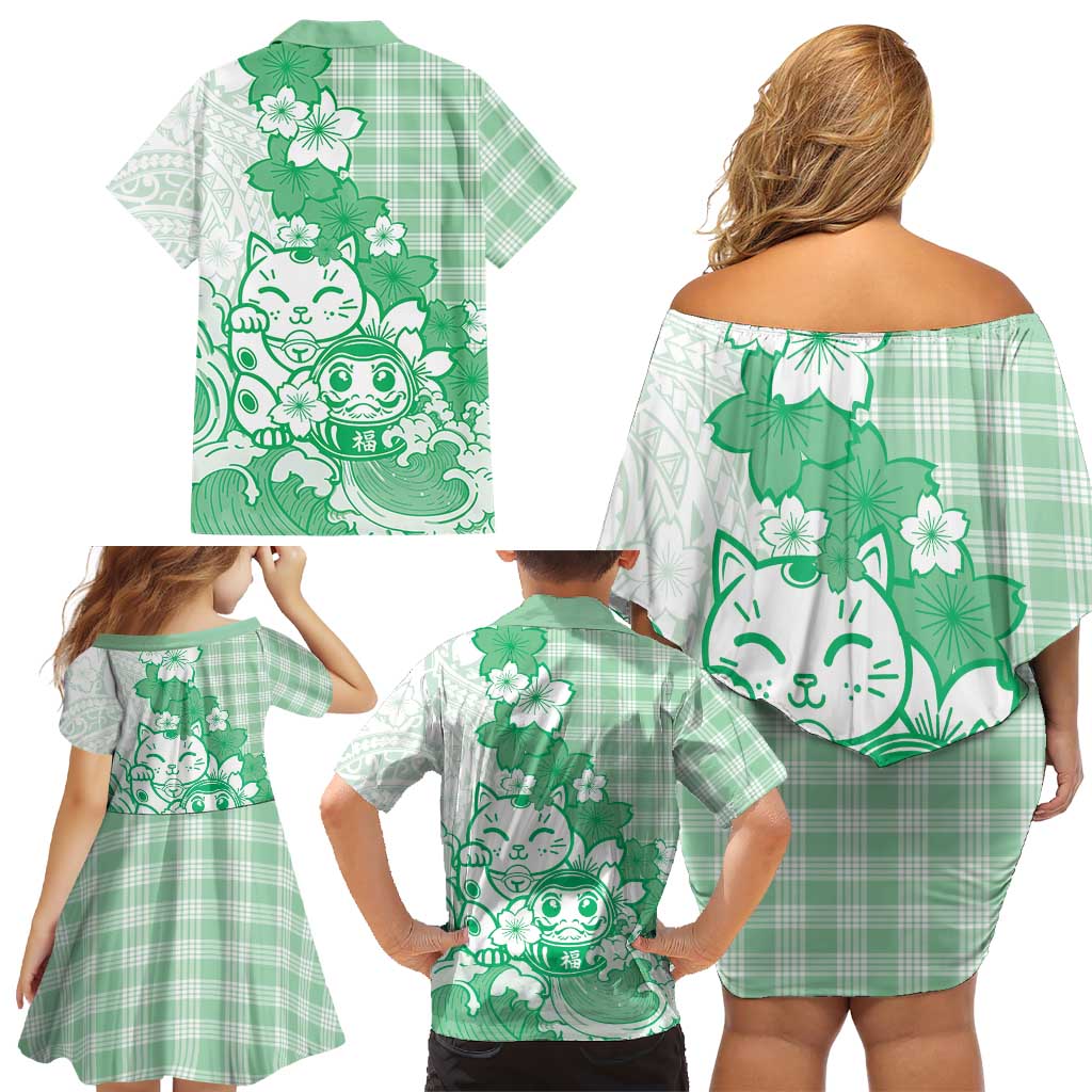 Green Palaka Hawaiian And Japanese Family Matching Off Shoulder Short Dress and Hawaiian Shirt Maneki Neko And Sakura Bloom DT05 - Polynesian Pride