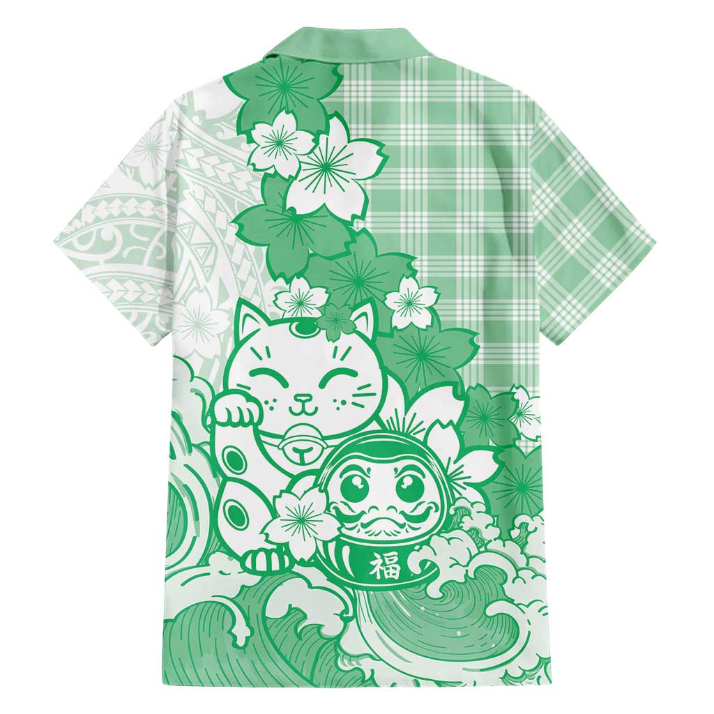 Green Palaka Hawaiian And Japanese Family Matching Off Shoulder Short Dress and Hawaiian Shirt Maneki Neko And Sakura Bloom DT05 - Polynesian Pride
