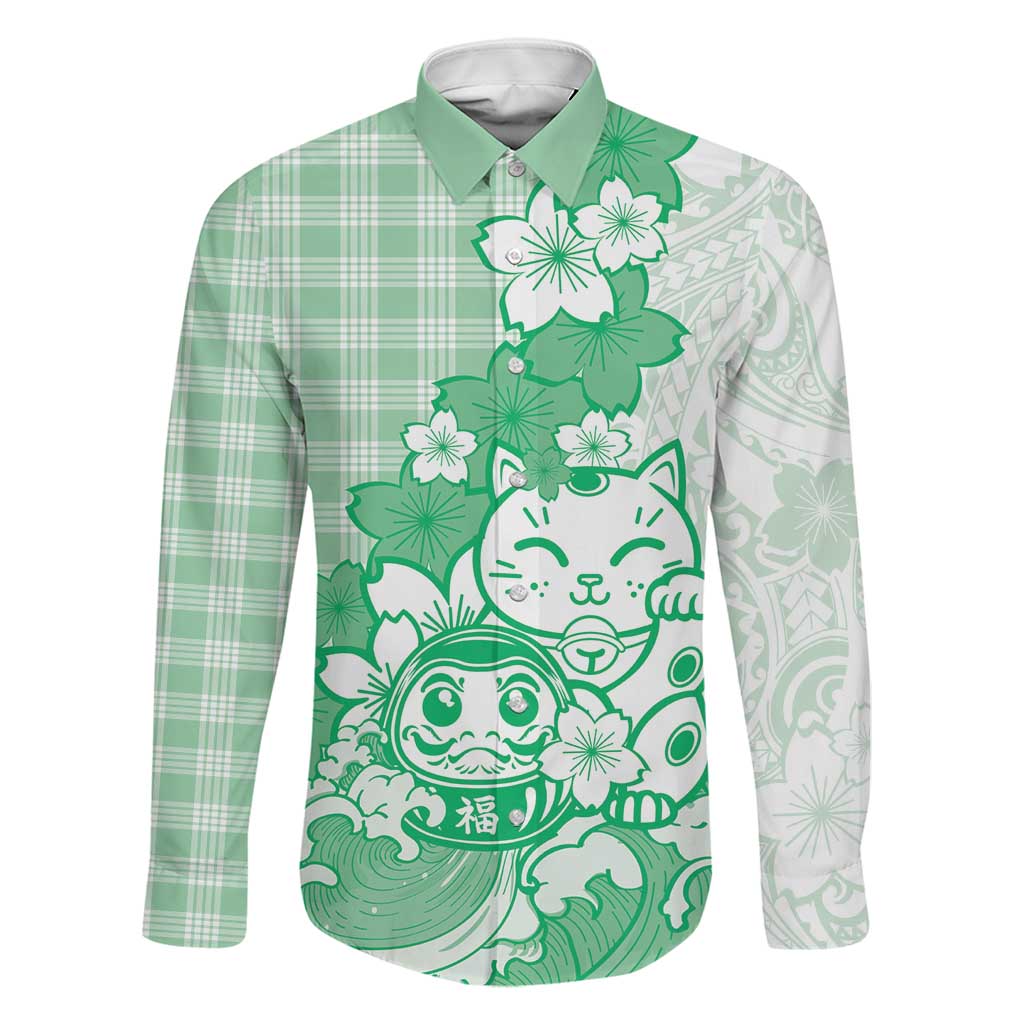 Green Palaka Hawaiian And Japanese Family Matching Off Shoulder Short Dress and Hawaiian Shirt Maneki Neko And Sakura Bloom DT05 Dad's Shirt - Long Sleeve Green - Polynesian Pride