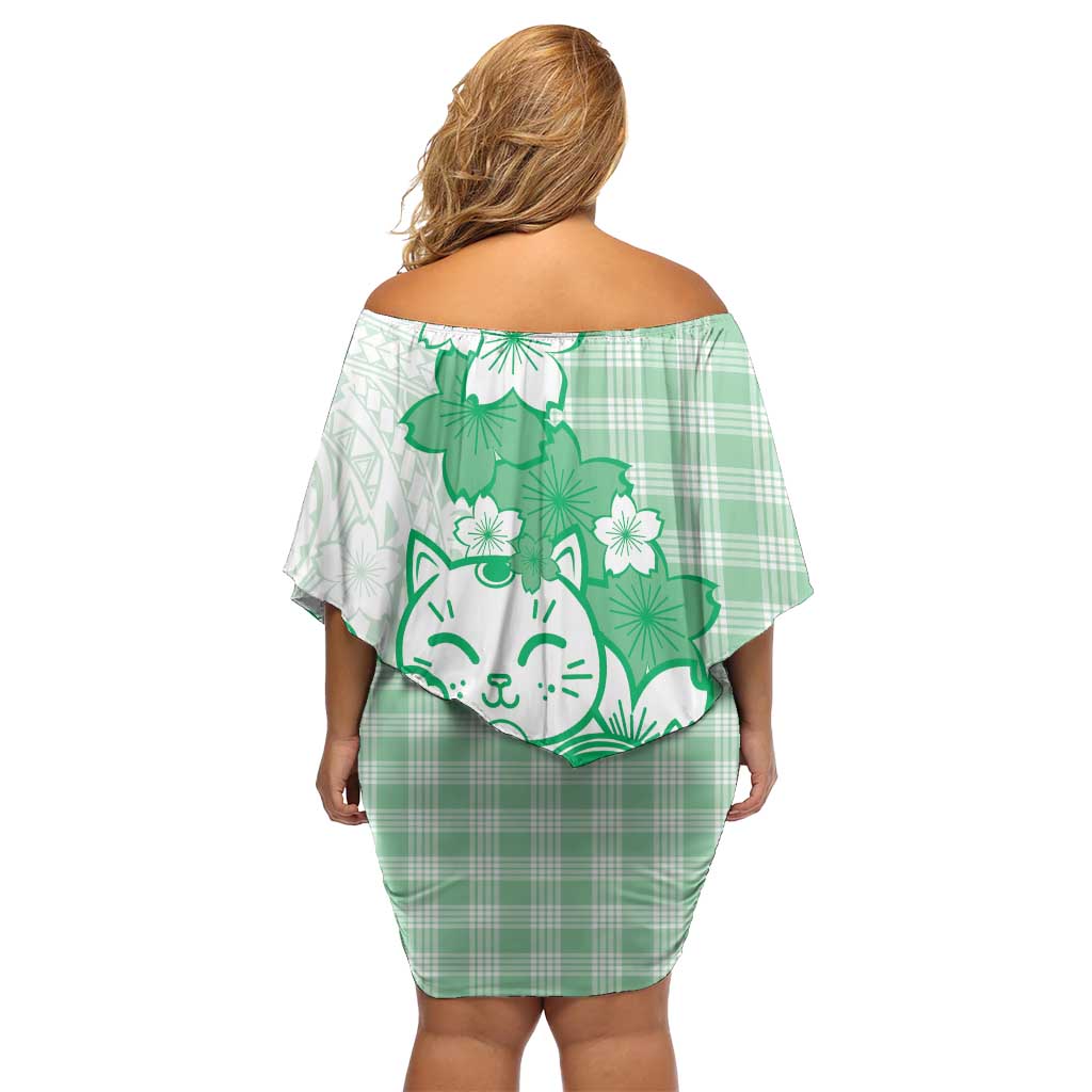 Green Palaka Hawaiian And Japanese Family Matching Off Shoulder Short Dress and Hawaiian Shirt Maneki Neko And Sakura Bloom DT05 - Polynesian Pride