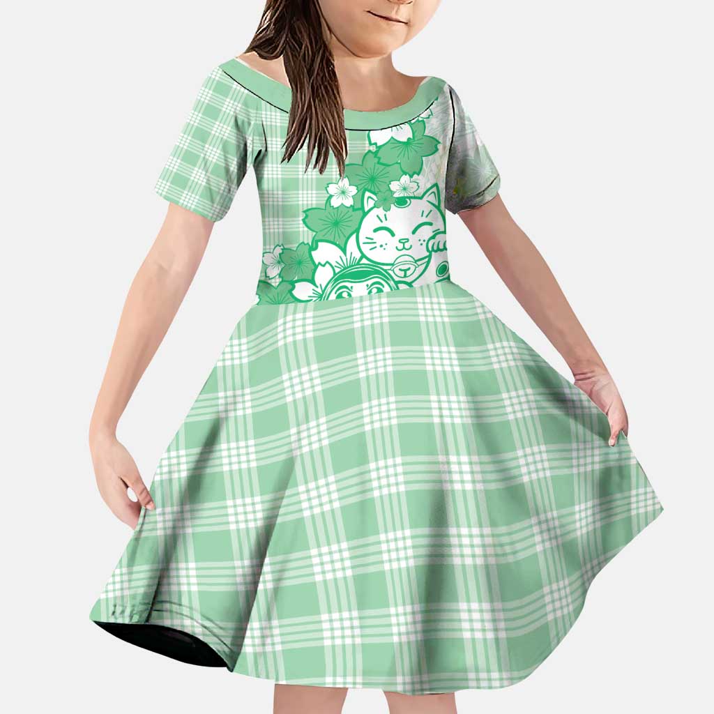 Green Palaka Hawaiian And Japanese Family Matching Puletasi and Hawaiian Shirt Maneki Neko And Sakura Bloom DT05 Daughter's Dress Green - Polynesian Pride