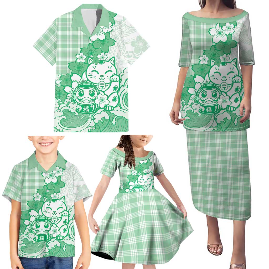 Green Palaka Hawaiian And Japanese Family Matching Puletasi and Hawaiian Shirt Maneki Neko And Sakura Bloom
